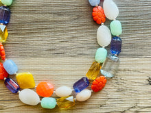 Load image into Gallery viewer, Tropical Cruise Chunky Statement Necklace, Orange necklace, pink necklace beaded wedding, emerald green marigold bridesmaid jewelry