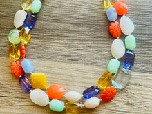 Load image into Gallery viewer, Tropical Cruise Chunky Statement Necklace, Orange necklace, pink necklace beaded wedding, emerald green marigold bridesmaid jewelry