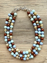 Load image into Gallery viewer, Earthy Jasper Statement Necklace, Chunky 3 Strand Jewelry, blue green silver necklace brown tan champagne thick necklace gemstone