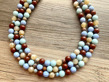 Load image into Gallery viewer, Earthy Jasper Statement Necklace, Chunky 3 Strand Jewelry, blue green silver necklace brown tan champagne thick necklace gemstone