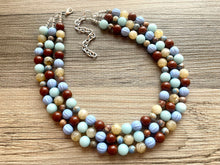 Load image into Gallery viewer, Earthy Jasper Statement Necklace, Chunky 3 Strand Jewelry, blue green silver necklace brown tan champagne thick necklace gemstone