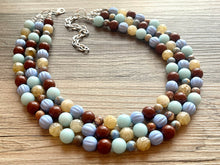 Load image into Gallery viewer, Earthy Jasper Statement Necklace, Chunky 3 Strand Jewelry, blue green silver necklace brown tan champagne thick necklace gemstone