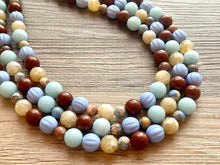 Load image into Gallery viewer, Earthy Jasper Statement Necklace, Chunky 3 Strand Jewelry, blue green silver necklace brown tan champagne thick necklace gemstone