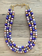 Load image into Gallery viewer, Purple Chunky Statement Necklace, 3 Strand Royal Purple Beaded Necklace earrings, chunky bib, dressy jewelry set silver gray gold