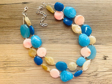 Load image into Gallery viewer, San Diego chunky necklace, Wanderlust beaded jewelry, resin beaded Turquoise necklace, peach blue tan necklace, aqua royal blue pink coral
