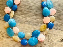 Load image into Gallery viewer, San Diego chunky necklace, Wanderlust beaded jewelry, resin beaded Turquoise necklace, peach blue tan necklace, aqua royal blue pink coral