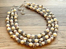 Load image into Gallery viewer, Catwalk Illusion Extra Chunky Statement Necklace, cream silver beaded jewelry, Multi Strand Bib Beaded necklace, tan champagne necklace
