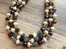 Load image into Gallery viewer, July Summer Storm Soirée, Chunky 3 Strand Statement Necklace, blue royal jewelry, silver necklace, resin cream jewelry metallic aqua brown