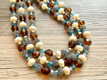 Load image into Gallery viewer, July Summer Storm Soirée, Chunky 3 Strand Statement Necklace, blue royal jewelry, silver necklace, resin cream jewelry metallic aqua brown