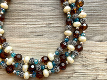 Load image into Gallery viewer, July Summer Storm Soirée, Chunky 3 Strand Statement Necklace, blue royal jewelry, silver necklace, resin cream jewelry metallic aqua brown