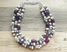 Load image into Gallery viewer, Metallic Eggplant Cream Necklace, 3 Strand Statement Jewelry, Chunky bib bridesmaid everyday bubble jewelry, rhinestone beaded purple gray
