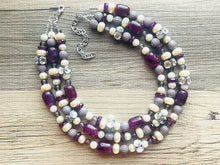 Load image into Gallery viewer, Metallic Eggplant Cream Necklace, 3 Strand Statement Jewelry, Chunky bib bridesmaid everyday bubble jewelry, rhinestone beaded purple gray