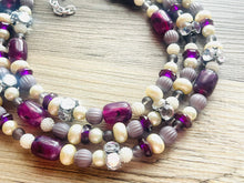 Load image into Gallery viewer, Metallic Eggplant Cream Necklace, 3 Strand Statement Jewelry, Chunky bib bridesmaid everyday bubble jewelry, rhinestone beaded purple gray