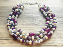 Load image into Gallery viewer, Metallic Eggplant Cream Necklace, 3 Strand Statement Jewelry, Chunky bib bridesmaid everyday bubble jewelry, rhinestone beaded purple gray