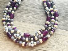 Load image into Gallery viewer, Metallic Eggplant Cream Necklace, 3 Strand Statement Jewelry, Chunky bib bridesmaid everyday bubble jewelry, rhinestone beaded purple gray