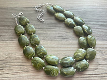 Load image into Gallery viewer, Olive Green Chunky Statement Necklace, Big beaded jewelry, Double Strand Statement Necklace, Bib necklace, green bridesmaid wedding earrings