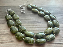 Load image into Gallery viewer, Olive Green Chunky Statement Necklace, Big beaded jewelry, Double Strand Statement Necklace, Bib necklace, green bridesmaid wedding earrings