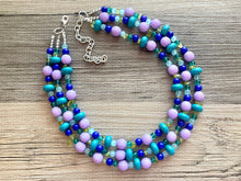 Load image into Gallery viewer, Mountain Trail Chunky Statement Necklace, lavender turquoise green blue beaded necklace, colorful jewelry multi strand necklace, bib collar