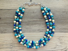 Load image into Gallery viewer, Parisian Palace Chunky Statement Necklace, silver bib necklace, royal blue turquoise wood, wedding bridesmaid chunky neutral glass
