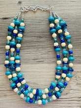 Load image into Gallery viewer, Parisian Palace Chunky Statement Necklace, silver bib necklace, royal blue turquoise wood, wedding bridesmaid chunky neutral glass