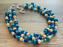 Load image into Gallery viewer, Parisian Palace Chunky Statement Necklace, silver bib necklace, royal blue turquoise wood, wedding bridesmaid chunky neutral glass