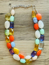 Load image into Gallery viewer, Tropical Cruise Chunky Statement Necklace, Orange necklace, pink necklace beaded wedding, emerald green marigold bridesmaid jewelry