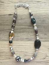 Load image into Gallery viewer, Long Black & Gray Beaded Statement necklace, single strand neutral bead necklace, chunky layering necklace, glass lampwork beaded jewelry