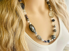 Load image into Gallery viewer, Long Black & Gray Beaded Statement necklace, single strand neutral bead necklace, chunky layering necklace, glass lampwork beaded jewelry