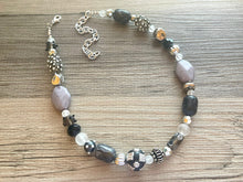 Load image into Gallery viewer, Silver Black & Gray Beaded Statement necklace, single strand neutral bead necklace, chunky layering necklace, glass lampwork beaded jewelry