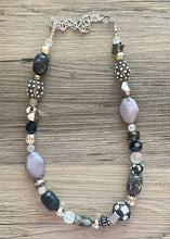 Load image into Gallery viewer, Silver Black & Gray Beaded Statement necklace, single strand neutral bead necklace, chunky layering necklace, glass lampwork beaded jewelry