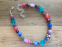 Load image into Gallery viewer, Jewel Tone Black statement necklace, blue purple silver necklace, bib chunky single strand necklace, pink jewelry lampwork beaded glass