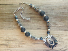 Load image into Gallery viewer, Silver Black & Gray Beaded Pendant Statement necklace, single strand neutral bead chunky layering necklace, glass lampwork beaded jewelry