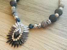 Load image into Gallery viewer, Silver Black & Gray Beaded Pendant Statement necklace, single strand neutral bead chunky layering necklace, glass lampwork beaded jewelry