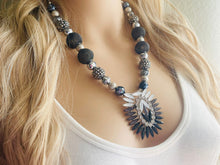 Load image into Gallery viewer, Silver Black & Gray Beaded Pendant Statement necklace, single strand neutral bead chunky layering necklace, glass lampwork beaded jewelry