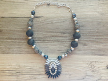 Load image into Gallery viewer, Silver Black & Gray Beaded Pendant Statement necklace, single strand neutral bead chunky layering necklace, glass lampwork beaded jewelry