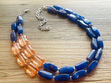 Load image into Gallery viewer, Preppy Chunky Statement Necklace, Big beaded jewelry, Double Strand Statement Necklace, coral and royal blue necklace, peach jewelry