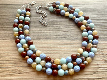 Load image into Gallery viewer, Earthy Jasper Statement Necklace, Chunky 3 Strand Jewelry, blue green silver necklace brown tan champagne thick necklace gemstone