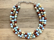 Load image into Gallery viewer, Earthy Jasper Statement Necklace, Chunky 3 Strand Jewelry, blue green silver necklace brown tan champagne thick necklace gemstone