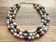 Load image into Gallery viewer, Earthy Jasper Statement Necklace, Chunky 3 Strand Jewelry, blue green silver necklace brown tan champagne thick necklace gemstone