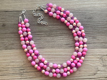 Load image into Gallery viewer, Blush Coral Dark Pink Beaded Necklace, pink Jewelry, 3 strand Chunky statement necklace, big beaded necklace, pink statement magenta