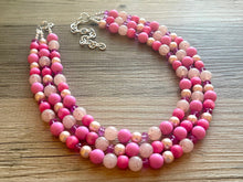 Load image into Gallery viewer, Blush Coral Dark Pink Beaded Necklace, pink Jewelry, 3 strand Chunky statement necklace, big beaded necklace, pink statement magenta