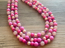Load image into Gallery viewer, Blush Coral Dark Pink Beaded Necklace, pink Jewelry, 3 strand Chunky statement necklace, big beaded necklace, pink statement magenta