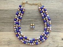 Load image into Gallery viewer, Purple Chunky Statement Necklace, 3 Strand Royal Purple Beaded Necklace earrings, chunky bib, dressy jewelry set silver gray gold