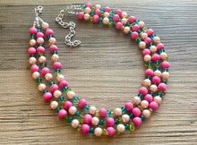 Load image into Gallery viewer, Tea Party & Brunch Necklace, Three Strand Pink Green wood statement necklace, blush pink emerald green chunky bib spring jewelry