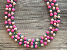 Load image into Gallery viewer, Tea Party & Brunch Necklace, Three Strand Pink Green wood statement necklace, blush pink emerald green chunky bib spring jewelry