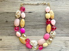 Load image into Gallery viewer, Pink Double Strand Big Beaded Statement Necklace, pink Jewelry, cream beaded necklace, pink bridesmaid necklace jewelry blush magenta gold