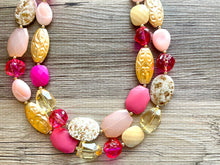 Load image into Gallery viewer, Pink Double Strand Big Beaded Statement Necklace, pink Jewelry, cream beaded necklace, pink bridesmaid necklace jewelry blush magenta gold