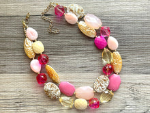 Load image into Gallery viewer, Pink Double Strand Big Beaded Statement Necklace, pink Jewelry, cream beaded necklace, pink bridesmaid necklace jewelry blush magenta gold