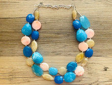 Load image into Gallery viewer, San Diego chunky necklace, Wanderlust beaded jewelry, resin beaded Turquoise necklace, peach blue tan necklace, aqua royal blue pink coral