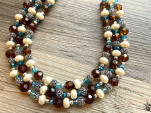 Load image into Gallery viewer, July Summer Storm Soirée, Chunky 3 Strand Statement Necklace, blue royal jewelry, silver necklace, resin cream jewelry metallic aqua brown
